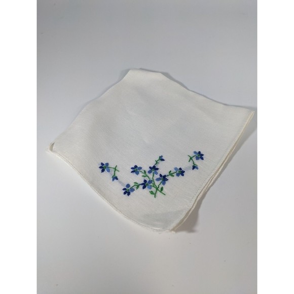Vintage Embroidered Blue Flowers floral Handkerchief 9” Cottagecore Hanky Scarf - Picture 3 of 7